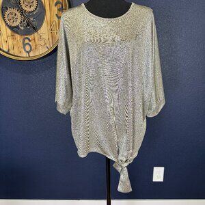 Kim & Cami Silver Metallic Dolman Sleeve Tie Blouse, Large